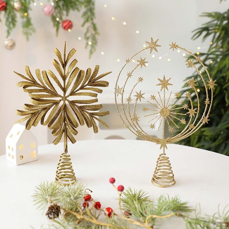 Star Tree Topper - ดาวประดับยอดต้นคริสต์มาส ของตกแต่งคริสต์มาสแบบกลวง ประดับต้นคริสต์มาสแบบมีกลิตเตอร์ อุปกรณ์ตกแต่งงานปาร์ตี้ ของตกแต่งรูปเกล็ดหิมะ