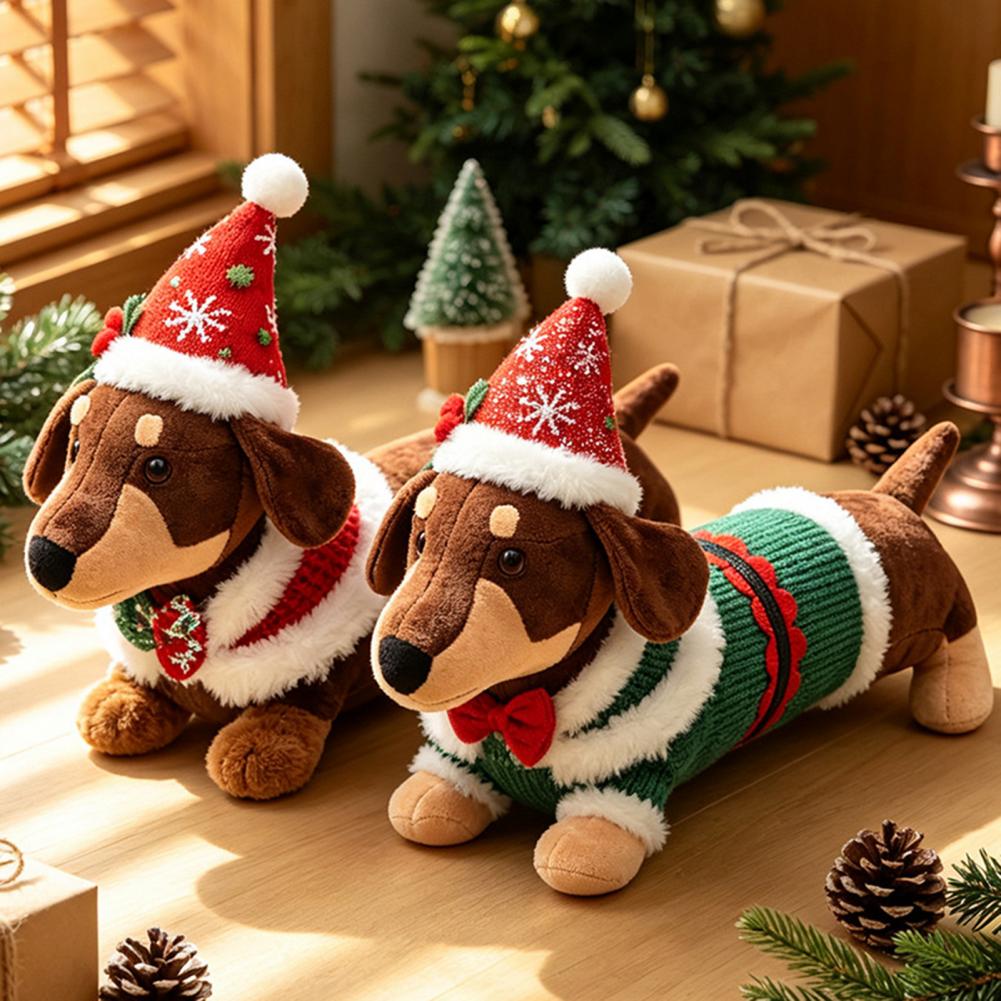 Santa Hat Plush - ตุ๊กตาดัชชุนด์คริสต์มาส ของตกแต่งคริสต์มาส ตุ๊กตาดัชชุนด์คริสต์มาสพร้อมหมวกซานต้า ตุ๊กตาสุนัขนุ่มสำหรับเทศกาลวันหยุด