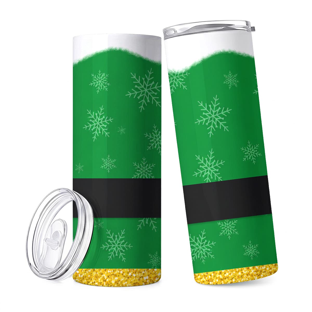 Elf Costume Christmas - แก้วเก็บความเย็นสแตนเลสลายเกล็ดหิมะสีเขียว ขนาด 20 ออนซ์ พร้อมฝาปิด ป้องกันการรั่วซึม