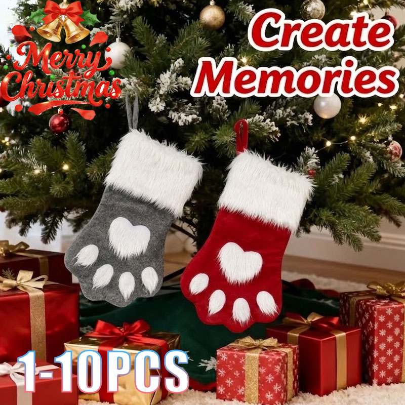 Christmas Stocking Hanging - 1-10 ชิ้น ถุงเท้าคริสต์มาสลายอุ้งเท้าสัตว์เลี้ยง สีแดง-เทา รูปทรงไม่สม่ำเสมอ น่ารัก